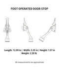 Diagram of Foot Activated Door Stop with Weighted Zinc Alloy Base for Hands Free Entry showing dimensions and design