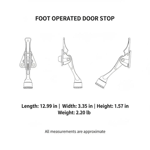 Diagram of Foot Activated Door Stop with Weighted Zinc Alloy Base for Hands Free Entry showing dimensions and design