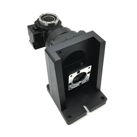 Rock Solid Heavy Duty 5 Axis Electric Hollow Rotary Indexing Table With DD Motor Drive For Robotic Arm Builds, black base with rotary mechanism.