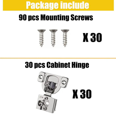 Package includes 90 screws and 30 hinges of 30 Pack One Half Inch Overlay Face Frame Soft Close Kitchen Cabinet Hinges With Easy Install