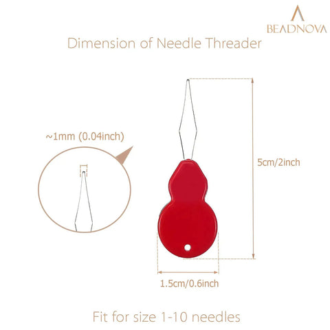 Must-Have 5-Piece Needle Threader Set for Sewing, Embroidery, Cross Stitch and Quilting, showing dimensions of red threader