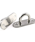 Rock Solid M8 Stainless Steel Ceiling And Wall Mount Hooks For Outdoor Hammocks And Patio Swings Heavy Duty Suspension Anchors With U Shaped Base Plates And Snap Hooks showing two stainless steel hooks with U-shaped bases.