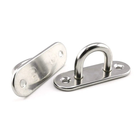 Rock Solid M8 Stainless Steel Ceiling And Wall Mount Hooks For Outdoor Hammocks And Patio Swings Heavy Duty Suspension Anchors With U Shaped Base Plates And Snap Hooks showing two stainless steel hooks with U-shaped bases.