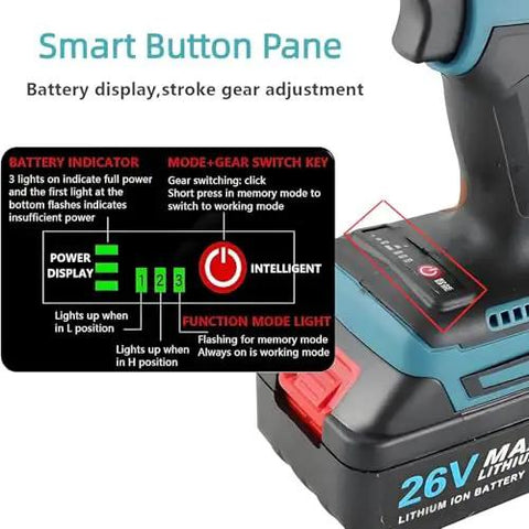 Smart button pane on Top Shelf Cordless Electric Rivet Nut Gun showing battery display and gear adjustment features.