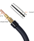 MB15 15AK MIG MAG Gas Shielded Welding Torch Accessories Kit display with contact tip and conical nozzle