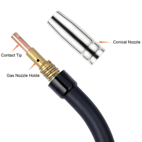MB15 15AK MIG MAG Gas Shielded Welding Torch Accessories Kit display with contact tip and conical nozzle