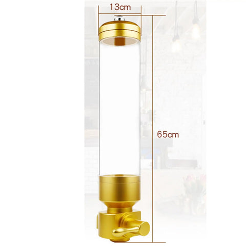 Rugged Gold Coffee Bean Dispenser Jar With Airtight Lid For Kitchen Counter Setup, 65cm height, 13cm diameter, clear glass.