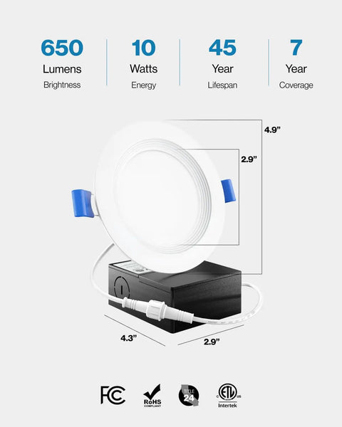 24 Pack 4 Inch LED Recessed Lights With Junction Box, Canless Ceiling Downlights, 650 Lumen Overview
