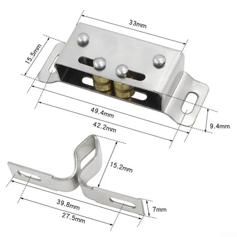 Double Roller Catch Stainless Steel Cabinet Door Latch For RV Boat Trailer Storage with dimensions in silver finish