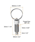 Two Pack Built Tough Stainless Steel Spring Plungers With Pull Ring M8X1.25 Thread dimensions indicating thread size and length.