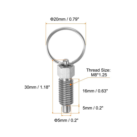 Two Pack Built Tough Stainless Steel Spring Plungers With Pull Ring M8X1.25 Thread dimensions indicating thread size and length.