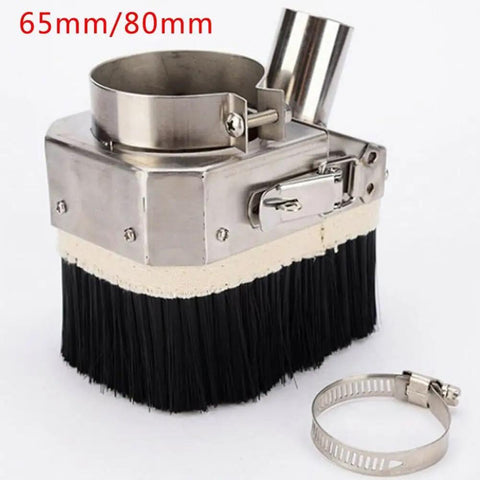 80mm Stainless Steel Cnc Dust Shoe Spindle Cover With Thick Nylon Brush Ring For Router Milling And Woodworking Shop Gear, featuring a black nylon brush and metal housing.