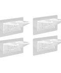 Four clear heavy duty shelf pegs with self adhesive brackets for kitchen cabinets, showing no drill install shelf clips, sturdy cabinet supports.