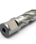 Close-up of annular cutter with Weldon shank; 3/4 in shank, 5/8 in cutting diameter, HSS hollow-center for magnetic drill press (1 piece).