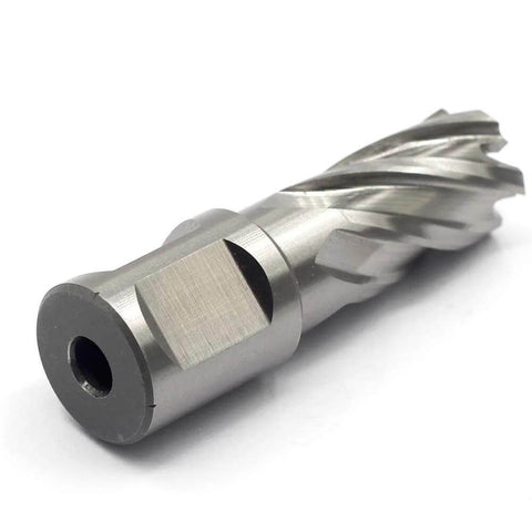 Close-up of annular cutter with Weldon shank; 3/4 in shank, 5/8 in cutting diameter, HSS hollow-center for magnetic drill press (1 piece).