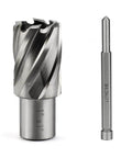Front view of JESTUOUS annular cutter, 1 in diameter with 3/4 Weldon shank, and pilot drill bit