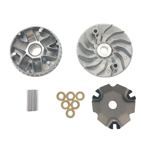 Heavy Duty GGC110 Variator Drive Face Pulley Assembly Fits Industrial Conveyor And Material Handling Systems With Cast Iron Housing For Smooth Variable Speed Power Transmission No Fuss, showing two cast iron pulley components and metal fittings.