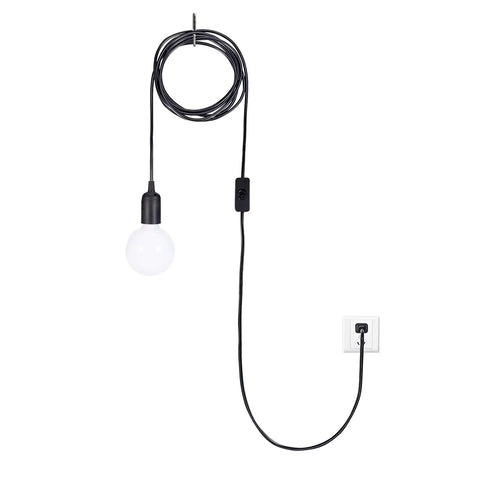 Two Pack Fifteen Foot Hanging Light Cord Kit With Inline On Off Switch For Pendant Lamps E26 E27 Socket Black No Bulb Included Great For Ceiling Lanterns Plug In Convenience showing cord with socket plugged in.