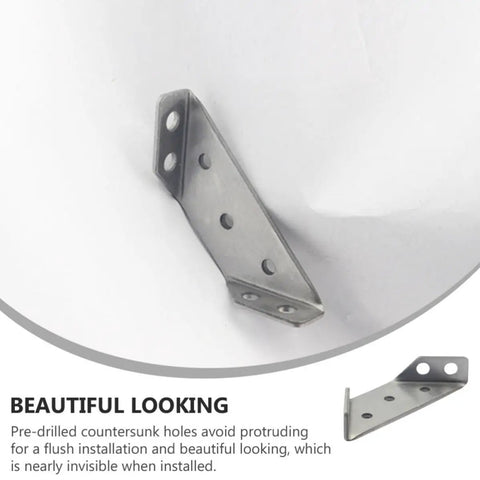 Beefy Stainless Steel Corner Brackets Set Of 10 With Fixed Non Shift Trapezoid Design Flush Mount Angle Braces close-up view