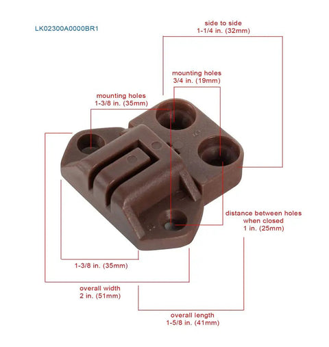 Hardcore Table Alignment Lock And Strike Kit Brown Shade 10 Pack Heavy Duty Cabinet Hardware for Mobile Workbenches, showing dimensions.
