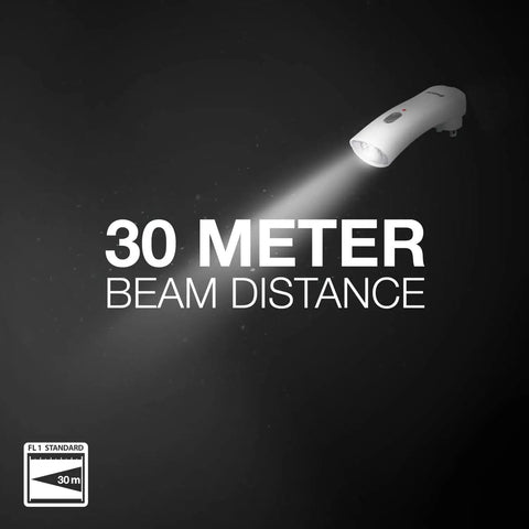Auto On LED Flashlights Rechargeable For Home Power Outages, Plug In Emergency Lighting, showing 30m beam distance in dark