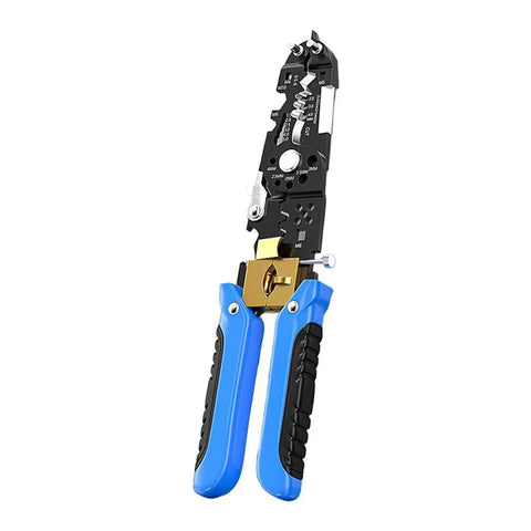 29-In-1 Multifunctional Wire Stripper Pliers Heavy Duty Crimping Cutting Tool For Electricians with blue handles, designed for insulation stripping.