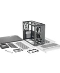 Portable Compact ATX E-ATX Gaming PC Case Silver Built For Gamers On The Go, Modular Layout For ATX E-ATX Boards, Holds 360mm Radiators, 420mm GPUs, 220mm PSUs, 165mm Towers, Multi Zone Fans For Serious Chill. Exploded view of modular silver ATX E-ATX PC case parts