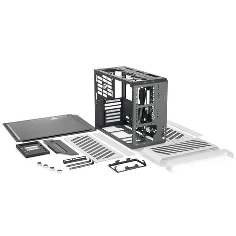 Portable Compact ATX E-ATX Gaming PC Case Silver Built For Gamers On The Go, Modular Layout For ATX E-ATX Boards, Holds 360mm Radiators, 420mm GPUs, 220mm PSUs, 165mm Towers, Multi Zone Fans For Serious Chill. Exploded view of modular silver ATX E-ATX PC case parts