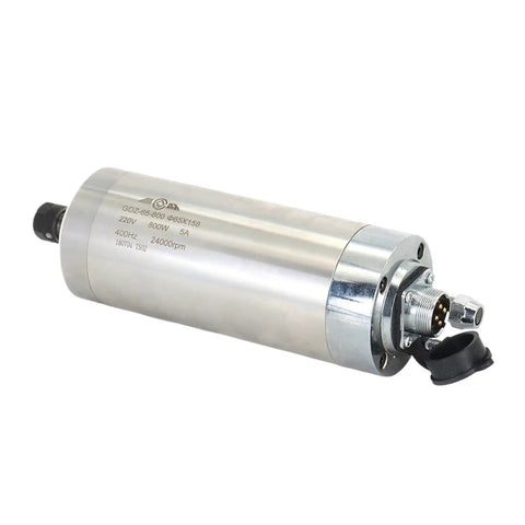 Heavy Duty 800W Water Cooled CNC Router Motor With ER11 Collet, 24000 RPM High Speed Spindle For Woodworking Rigs, showing silver metal spindle.