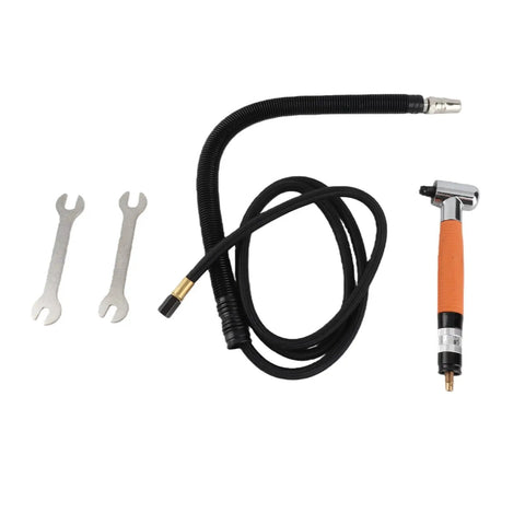 Pneumatic Pencil Die Grinder With 90 Degree Right Angle Air Pen Design for detailed metal working, includes hose and wrenches.