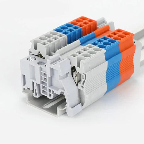 10 Pieces E UK DIN Rail Terminal Block End Stopper Bracket for 35mm Wide Rail, gray Nylon PA66 housing, fire retardant, mounted view