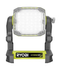 One Plus 18V Hybrid LED Flood Light Delivers 1,800 Lumens, Over 12 Hour Runtime With Battery, front view with stand and LEDs.