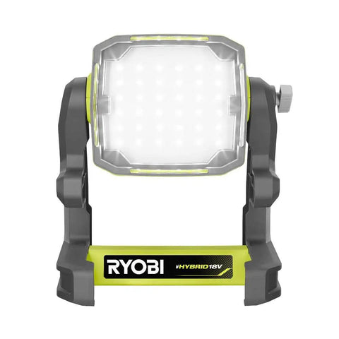 One Plus 18V Hybrid LED Flood Light Delivers 1,800 Lumens, Over 12 Hour Runtime With Battery, front view with stand and LEDs.