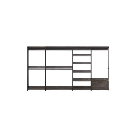 Modern Walk In Closet Organizer System With Wood And Metal Frame Featuring Weathered Panels And Straight Up Solid Build For Super Roomy Wardrobe Storage And Easy Peasy Closet Organizing