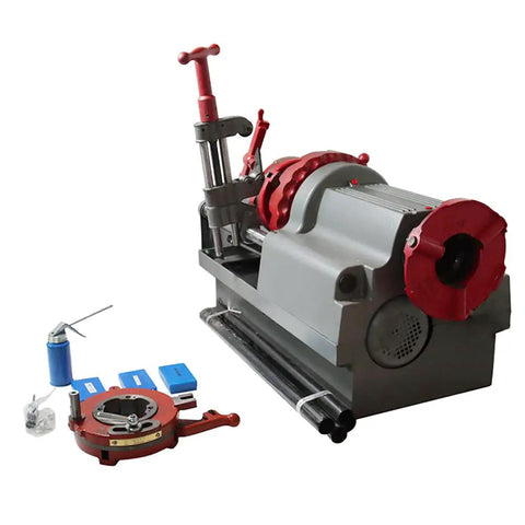 Pro Grade 110V Electric Pipe Threading Machine 750W Motor, showing a heavy-duty unit with threading tools and accessories.
