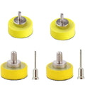 Grab This Killer 6 Pcs One Inch Sanding Pad Set With Super Grip Hook And Loop Backing Plus Dust Vent Holes For Quick Swaps And Clean Views On Any DIY Or Pro Project With Versatile Shank Sizes. Four small yellow sanding pads with metal cores.