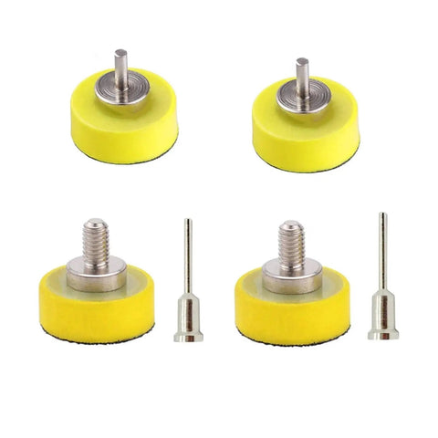 Grab This Killer 6 Pcs One Inch Sanding Pad Set With Super Grip Hook And Loop Backing Plus Dust Vent Holes For Quick Swaps And Clean Views On Any DIY Or Pro Project With Versatile Shank Sizes. Four small yellow sanding pads with metal cores.