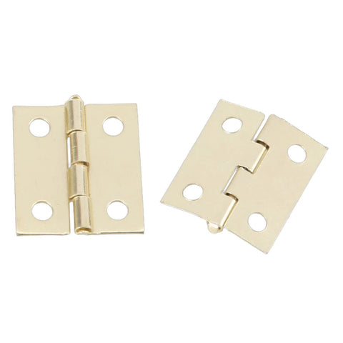 Two gold small hinges from the Gold Small Hinges Set With Screws For Crafting And Decorative Boxes Metal Hinges 50 Pieces Plus 200 Screws.