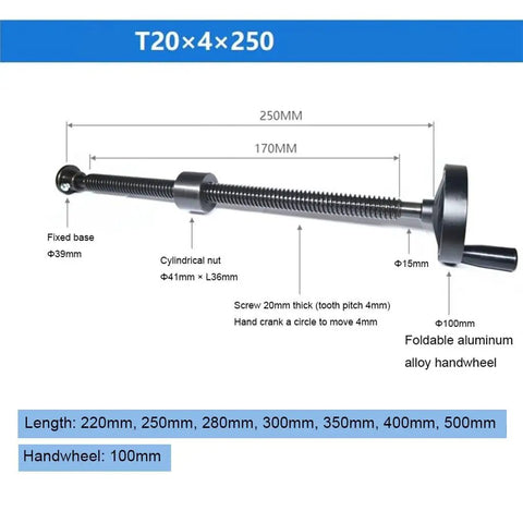 Built Tough As Nails T20 Trapezoidal Lead Screw Kit With 125Mm Folding Aluminum Crank Rock Solid 600Mm Manual Linear Drive dimensions.