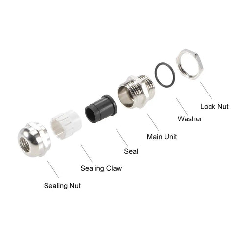 Exploded view of PG9 Cable Gland For 4mm To 8mm Wires Waterproof Metal Joint With Adjustable Locknut And Washer components.