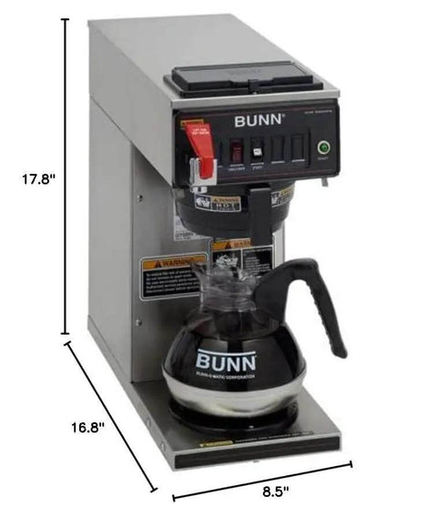Front view of Automatic 12 Cup Coffee Brewer with Lower Warmer and Black Plastic Funnel 120V for Busy Cafes Includes Pourover Backup System
