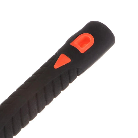 Close-up of the handle of Two Pack 2 Teeth Garden Hoe Rake With 15 Inch Dual Head Fiberglass Handle Durable Garden Tools Set