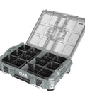 Stack Pack Storage System Organizer Box with Quick Connect Interlocking Built Tough 50 Lb Load Capacity, open with bins visible