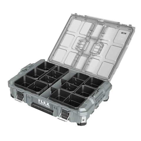 Stack Pack Storage System Organizer Box with Quick Connect Interlocking Built Tough 50 Lb Load Capacity, open with bins visible