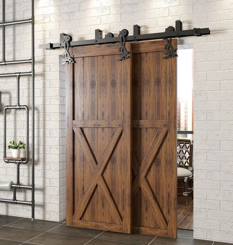 Black Rustic Double Track U Shape Bypass Sliding Barn Door Hardware Kit For Two Doors 18ft Flat Track With Flower Design Rollers