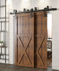 Black Rustic Double Track U Shape Bypass Sliding Barn Door Hardware Kit For Two Doors 7ft Flat Track With Flower Design Rollers
