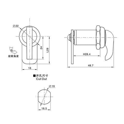 Technical drawing of Zinc Alloy Cam Lock With Handle Cylindrical Lock For Mailboxes And Gates with dimensions and cutout guide.