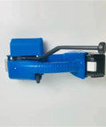 Semi Automatic Portable Strapping Machine, Brushless Motor Plastic Hot Melt Bundling Tensioner, top view, blue handheld tool.