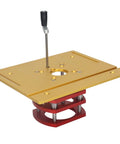 Top Shelf Aluminum Router Table Insert With Manual Lift Control For No Sweat Woodworking and Crisp Corner Beveling Built Tough Weekend Shop Essential Gold, red and gold design.