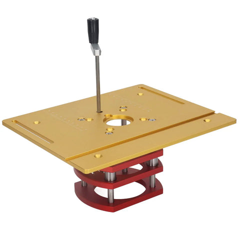 Top Shelf Aluminum Router Table Insert With Manual Lift Control For No Sweat Woodworking and Crisp Corner Beveling Built Tough Weekend Shop Essential Gold, red and gold design.